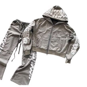 Ensemble survêtement gris à capuche pour femme, manches longues, fermeture éclair frontale, imprimé lettres, coupe ample, streetwear, automne, décontracté, sweat-shirt et pantalon - Product Image 4