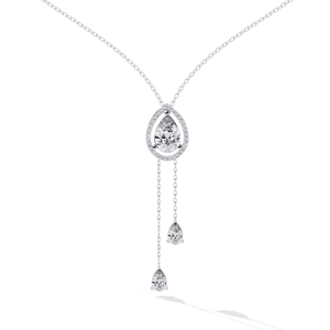 PT950 Platinum Lariat Necklace Featuring a Teardrop Halo <b>Frame</b> and Shimmering Pear Cut Lab Grown Diamond Dangle Charms Necklace - Product Image 1