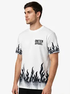 T-shirt blanc à manches courtes pour homme ONETEN APPAREL, col rond, imprimé flamme noire, style streetwear, coupe ample, 100% coton, durable - Product Image 3