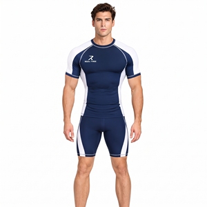 Conjunto de Natación de 2 Piezas para Hombre con Bloques de Color, Camiseta de Manga Corta con Cuello Redondo y Pantalones Cortos de Secado Rápido, Conjunto de Natación de Poliéster con Protección Solar para Hombre - Product Image 3