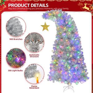 Albero di Natale Artificiale Pre-Illuminato da 1,8 m con Cima Curva e Stella Dorata, 300 Luci, 900 Punte di Rami, Telecomando, Materiale PET - Product Image 5
