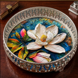 Plateau de service décoratif rond en fer, style Kalamkari, avec motif paire de paons, art populaire, et bordure découpée dorée - Product Image 6
