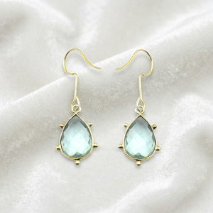 Pendientes colgantes con forma de pera de cuarzo aqua Ratnarachit de 9x13 mm, envueltos en alambre de oro/plata/oro rosa, regalo minimalista - Product Image 6