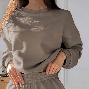 <b>Women's</b> Graphite Gray 3 Piece Long Sleeve Crew Neck Loose Fit Casual Solid Color Winter Streetwear Sweatshirt Jogger <b>Set</b> - Product Image 3