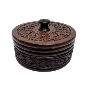 Bol rond en bois artisanal avec motif patchwork, finition polie, couvercle et poignée assortis, ustensile de cuisine haut de gamme pour le rangement. - Product Image 4