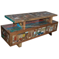 Meuble TV en bois de bateau récupéré, 3 tiroirs, style double plateau, patchwork, bois recyclé, design durable pour support TV