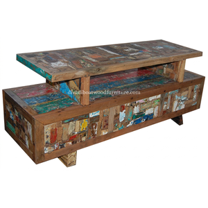 Meuble TV en bois de bateau récupéré, 3 tiroirs, style double plateau, patchwork, bois recyclé, design durable pour support TV - Product Image 1