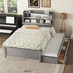 Full-Size Wooden <b>LED</b> Platform <b>Bed</b> with Trundle Storage Headboard Drawers Gray (Old SKU N820S00009E) - Product Image 2