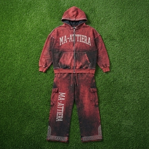 Conjunto de Sudadera con Capucha y Pantalones Cargo para Hombre, Estilo Acid Wash Rojo y Negro, de Algodón y Felpa, Oversize, Streetwear, OEM, Venta al Por Mayor - Product Image 6