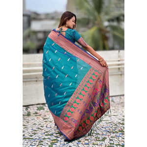 ผ้าไหมเพธานีแบบดั้งเดิมสีเขียวทะเลทอแบบดูอัล ซารี  เสื้อผ้าอินเดียและปากีสถาน - Product Image 3