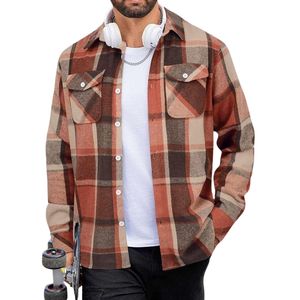 Custom Earth Tone <b>Checked</b> Point Collar <b>Overshirt</b> <b>Men's</b> Polyester Flannel Dual Pockets Relaxed Silhouette Casual Layer - Product Image 6