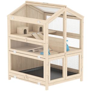 Gabbia Moderna per Criceti a 3 Livelli in Legno Grande 68 cm L x 61,5 cm L x 90 cm H con Vassoio Superiore Apribile e Dondoli - Taglia XS per Allevamento - Product Image 1
