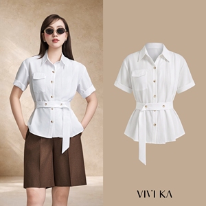 Chemise boutonnée en popeline blanche décontractée et respirante pour femme, à manches courtes, avec ceinture à la taille, pour le printemps et l'été SILAS - Product Image 1