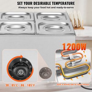 Scaldavivande Professionale Commerciale 24QT, 6 Vasche, Elettrico, 1200W, Manuale, in Acciaio Inossidabile, Buffet Bain Marie da Banco 8 Pollici - Product Image 3