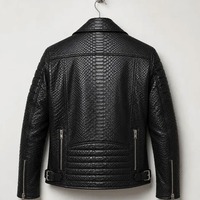 Blouson moto homme noir en cuir véritable gaufré respirant, coupe ajustée, fermeture éclair, manches classiques, style hiver