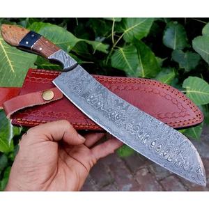 Cuchillo de Chef de acero de Damasco hecho a mano con mango de madera Funda de cuero puro Extra afilado Ambidiestro 13 pulgadas - Product Image 1