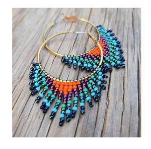 Boucles d'oreilles à franges perlées, bijoux de fête avec perles jaunes, oranges, noires et blanches, bijoux longs pour femmes - Product Image 3