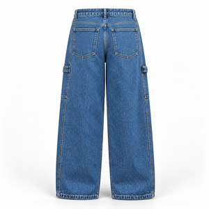 Custom Wide Leg Denim Pants <b>Mens</b> Loose Fit Utility <b>Jeans</b> Heavyweight Washed Cotton Streetwear Trousers Factory Wholesale - Product Image 3