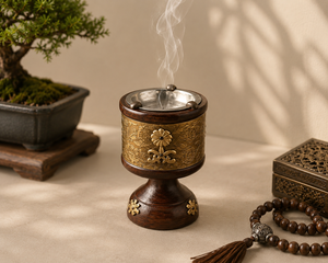Brûleur à Bakhoor en bois vintage avec motif floral en laiton antique, brûleur d'encens Oud arabe, support à charbon décoratif, mabkhara arabe - Product Image 1