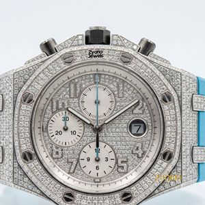 Luxury Iced Out Moissanite <b>Chronograph</b> Watch Full Stone Set Bezel Case Silver Tone Dial Blue Rubber Strap <b>Automatic</b> Mechanical - Product Image 4