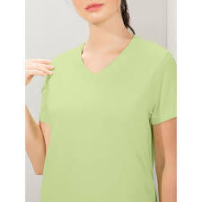 T-shirt vert à col en V pour femme, manches courtes, coupe classique, décontracté - Product Image 2