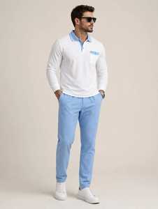 <b>Men's</b> <b>White</b> <b>Long</b> <b>Sleeve</b> Polo <b>Shirt</b> Blue Contrast Collar Pocket Smart Casual Top - Product Image 1