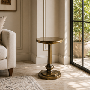 Modern <b>Round</b> Pedestal <b>Side</b> <b>Table</b> with Antique Brass Finish | Elegant Metal Accent End <b>Table</b> with Decorative Column Base for Home - Product Image 3