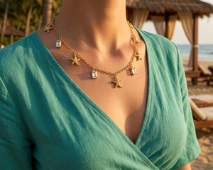 Collar de Playa con Dije de Estrella de Mar y Cristales de Zirconia Cúbica, Engaste de Bisel Chapado en Oro de 18K - Regalo de Boda - Product Image 4