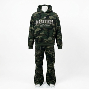 <b>Mens</b> <b>Camo</b> Tracksuit Set Hoodie <b>Cargo</b> Pants Rhinestone Leaf Detail Custom Streetwear Sportswear Matching Outfit - Product Image 1