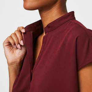 Ensemble de blouses médicales pour femmes, couleur bordeaux, en coton et polyester tricoté, uniformes d'hôpital, pantalon et haut avec logo personnalisé - Product Image 4