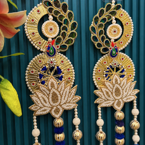 Peacock Lotus Pearl Hanging Toran With Blue Tassels Gold Beads For Wedding Diwali Home Decoration hanging for home temple - Product Image 3