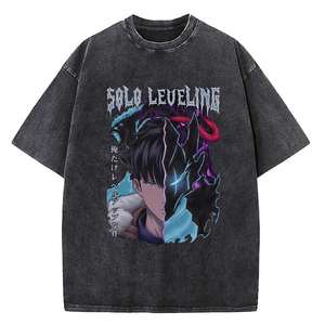 T-shirt vintage en coton délavé pour homme, style streetwear, avec imprimé graphique Anime Solo Leveling, coupe ample, manches courtes - Product Image 2