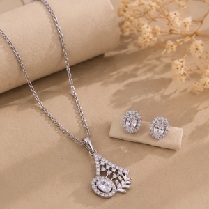 925 <b>Silver</b> Pendant <b>Necklace</b> <b>Set</b> with Sparkling Stud Earrings Elegant Designer Jewelry for Women Party Wear - Product Image 1