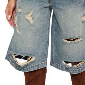 Pantalon large en jean délavé bleu clair pour femme, taille mi-haute, coupe ample, respirant, style vintage, déchiré, décontracté, longueur genou, idéal pour l'été - Product Image 6