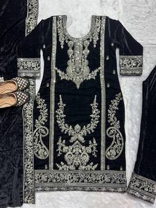 Black Embroidered Indian Pakistani Traditional Wedding <b>Dress</b> <b>Women</b> Floor-Length Regular With <b>Silver</b> Work Polyester Stretchable - Product Image 6