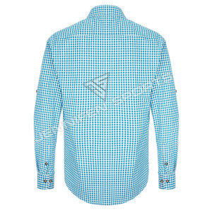 Chemise à manches longues pour homme, turquoise et blanche, 100% coton, tissu à carreaux, col rabattu, chemise décontractée bavaroise à carreaux pour l'Oktoberfest - Product Image 4