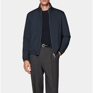 <b>Men's</b> Navy Bomber <b>Jacket</b> Stand Collar Zipper Closure Regular Fit Polyester Windproof <b>Smart</b> Casual Autumn Wear - Product Image 1