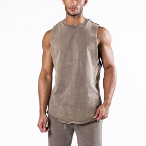 Débardeur sans manches en coton lavé pour homme, col rond, couleur unie, coupe décontractée - Product Image 1