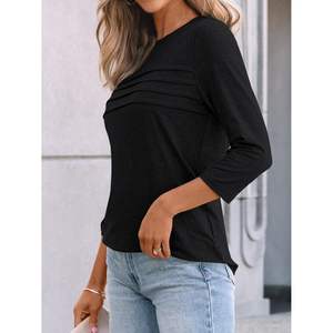 Túnicas informales de manga larga 2025 para mujer, camisetas plisadas elegantes con cuello redondo, blusas de verano 3/4, talla XL bordadas sueltas 2025 - Product Image 1