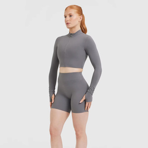 Women's Gray Long Sleeve Crop <b>Top</b> Half-Zip Solid Color Breathable Fitness Shirt Regular Fit Full Sleeve All Seasons - Product Image 4