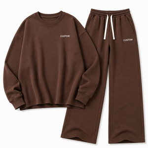 Ensemble de survêtement décontracté à col rond oversize avec pantalon large, logo personnalisé, marron, pour la détente, marque privée, vente en gros - Product Image 3