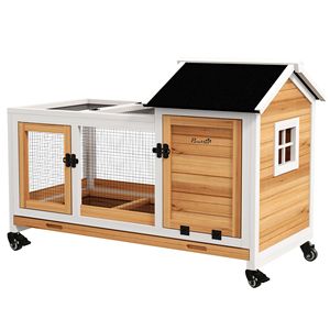 Large Wooden Rabbit Hutch with <b>Wheels</b> Yellow Guinea Pig Run and Slide-Out Tray for Breeding <b>Small</b> Animals - Product Image 1