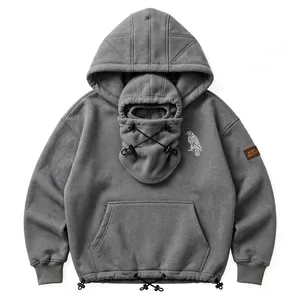เสื้อฮู้ดดี้แบบมีฮู้ดคู่สีเทาอุตสาหกรรม รุ่นโอเวอร์ไซส์ หนัก 550 กรัม ผลิตจากผ้าฝ้าย 100% เป็นมิตรกับสิ่งแวดล้อม เหมาะสำหรับฤดูหนาว พร้อมซิปปิดหน้าแบบนินจา - Product Image 1
