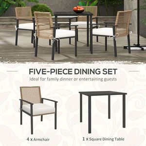 Set da Pranzo da Esterno in Vimini Resistente alle Intemperie, 5 Pezzi, con Foro per Ombrellone, Tavolo Beige, Sedie e Cuscini Inclusi - Product Image 5