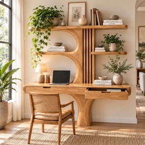 Bureau mural contemporain en bois Luxali avec étagères en forme d'arbre et tiroir pour bureau à domicile - Product Image 1