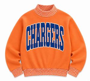 Sudadera de mezcla de algodón para mujer con cuello alto y estampado serigrafiado de mascotas de equipos deportivos, estilo Plaid School Spirit Patriots. - Product Image 1