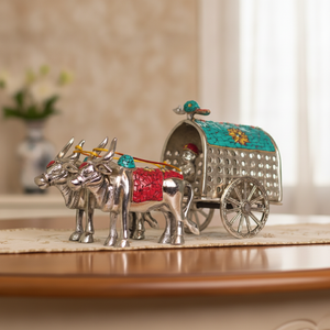 Sculpture décorative de chariot de bœuf en argent poli, artisanat en pierre fait main, pièce maîtresse pour l'ameublement de luxe - Product Image 3