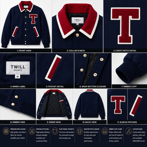 New Arrivals Men's Navy Varsity Jacket Front <b>Red</b> T Applique Embroidered Patch Soft <b>Wool</b> Fit Custom Color Premium Windproof - Product Image 5