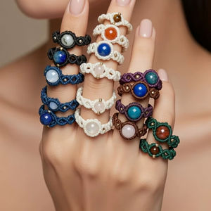 Lot de bagues en macramé faites à la main - Bijoux bohèmes de fiançailles en pierres précieuses naturelles certifiées IGI - Fournisseur en gros Inde |   Mangalmay - Product Image 1