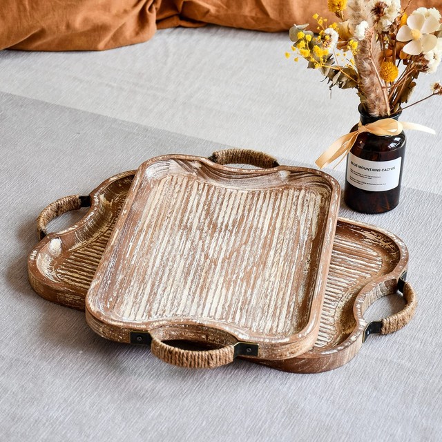 Walnut Wood Distressed Serving Tray with Rope Handles | Handcrafted Wholesale